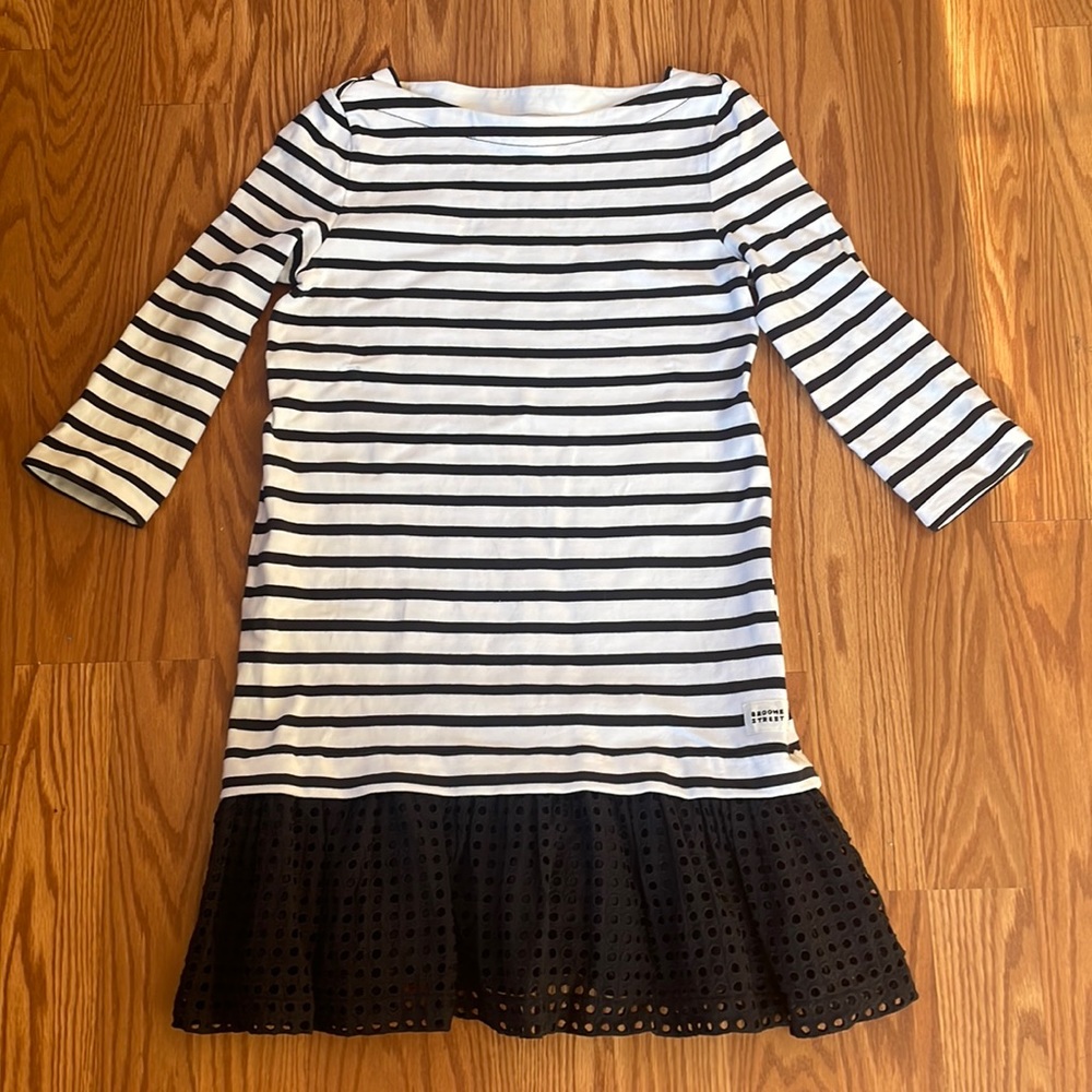 Kate Spade Broome Street Black White Stripe Cotton Drop Waist Eyelet Dress Sz XS